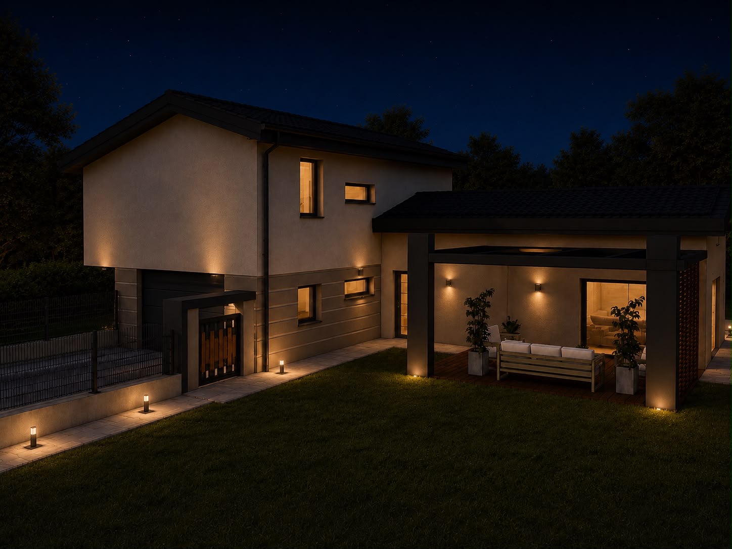 Progetto — vista notturna con pergolato