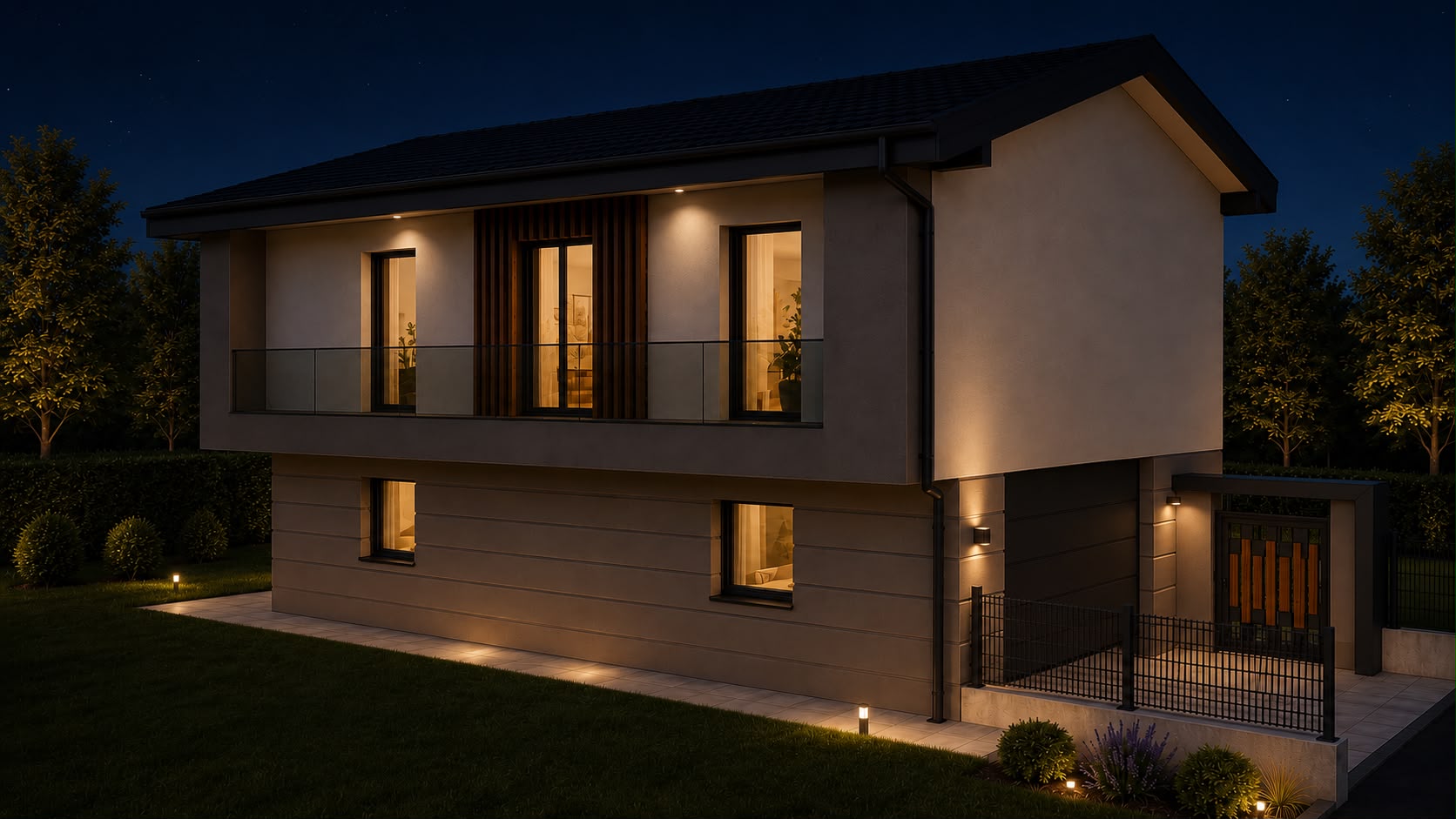 Progetto — facciata notturna
