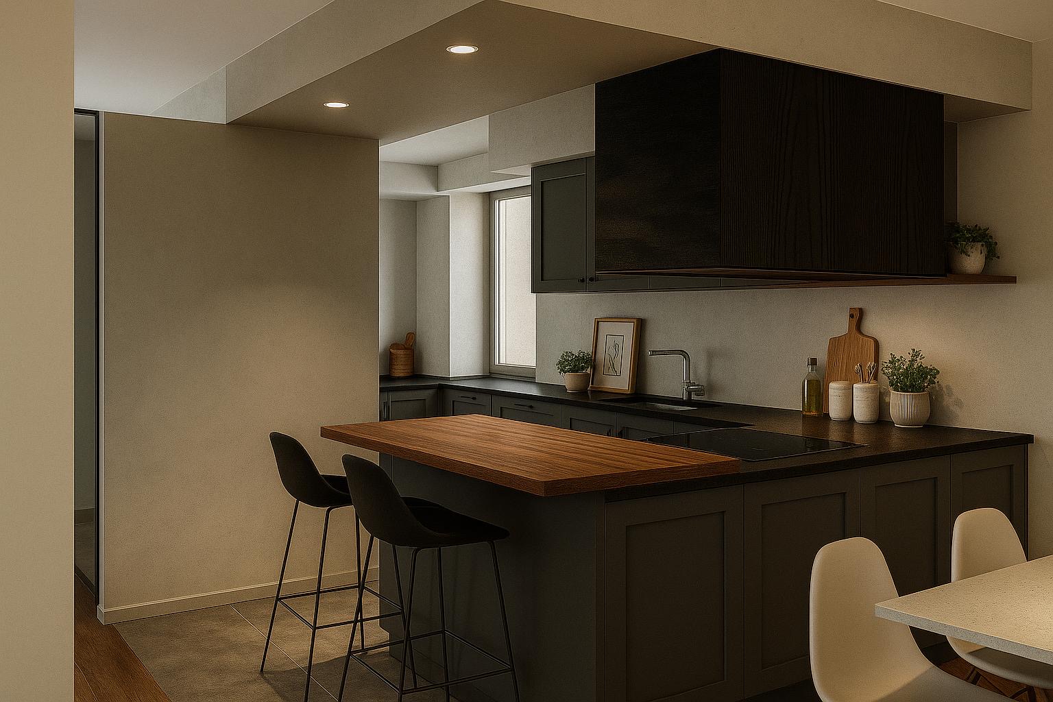 Interno — cucina scura con isola